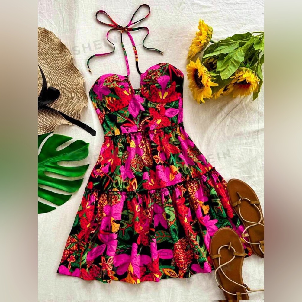 SHEIN Halter Neck Bandeau Dress With Hollow Out Waist, Ruffle Trim Umbrella Hem